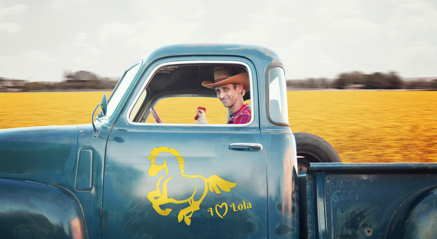 Farmer in Oldtimer-Pickup mit Pferd Aufkleber an der Fahrertür