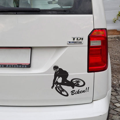 Ansicht Aufkleber Mountainbiker auf der Heckklappe
